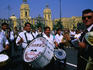 Local band performing during the Senor de Torreschally festival parade in Lima.