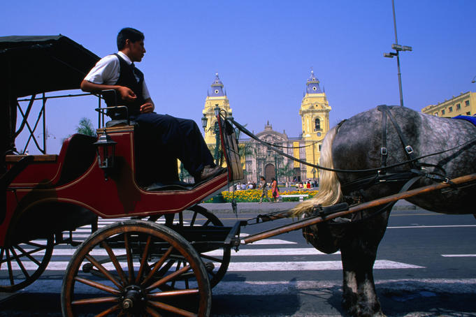 Horse and carriage waiting for customers on the Plaza de Armas with the Cathedral of Lima behind.