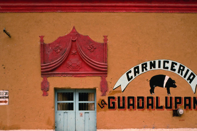 Pig and pink curtain facade in Dzitbalche.
