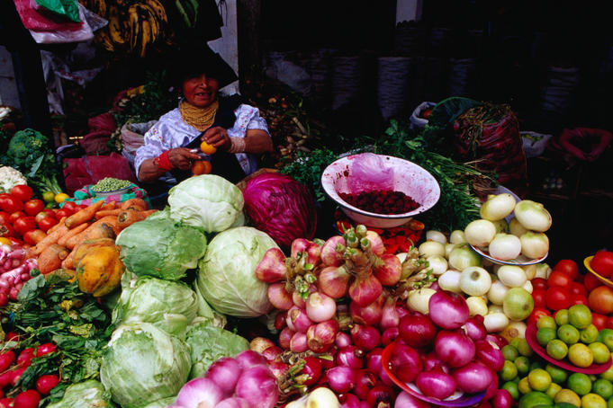 Otavaleno Indian woman and her fresh vegetable stall at the Poncho Plaza in Otavalo.