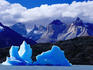 Icebergs in Lake Grey and mountains of the Macizo Paine Massif, Patagonia.