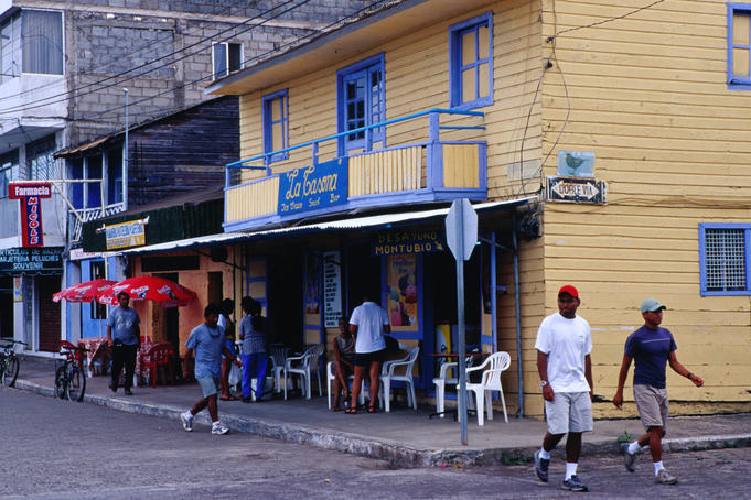 Waterfront shops in the provincial capital of Puerto Baquerizo Moreno, Isla San Cristobel.