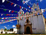 Bunting suspended from Iglesia de la Virgen del Pilar, Ruta de los Conventos.