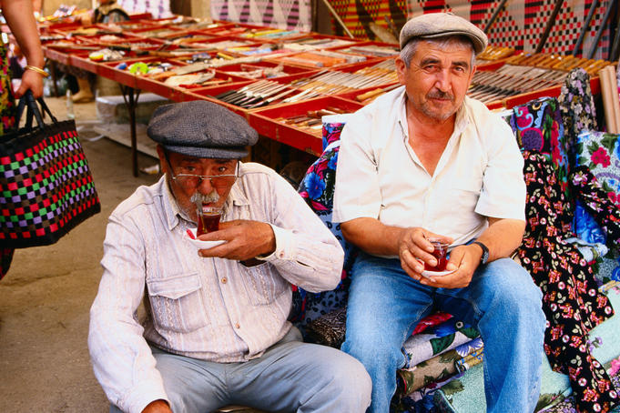 Men drinking tea at a market, South Aegean region - Milas