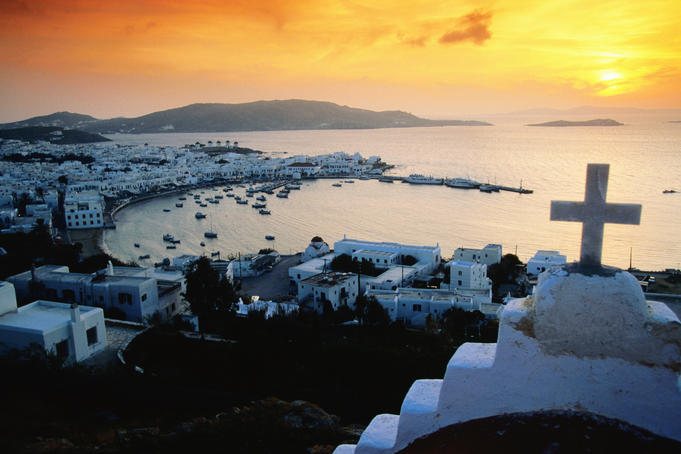 Town and harbour at sunset.