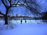 Cross-country skiers crossing Great Lawn in Central Park.