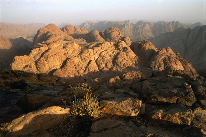Morning light on mountains flanking Mt Sinai.
