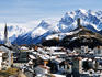 Village in Unter-Engadine Valley with Piz Leschana in background.