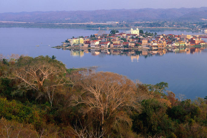 City on island, Lago de Peten Itza.