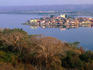 City on island, Lago de Peten Itza.