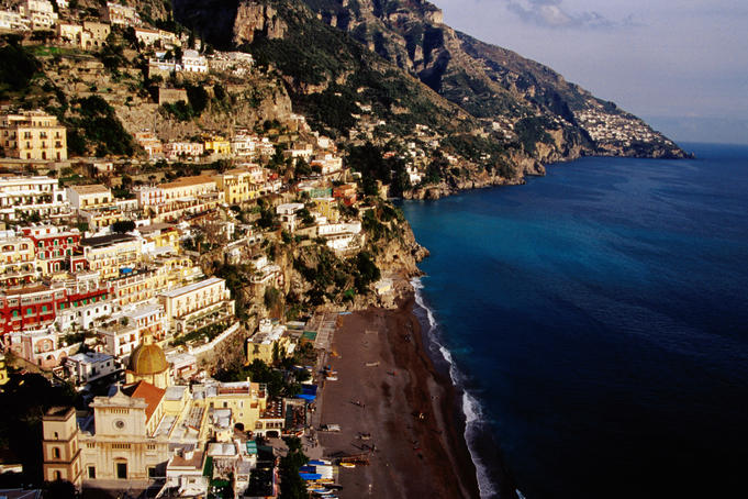 Houses and Church of Santa Maria Assunta above Spaggia Grande beach.