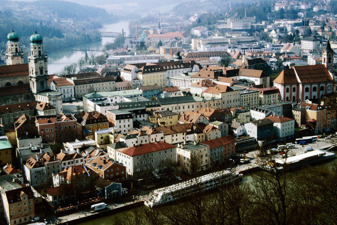 Old town of Passau with Baroque Cathedral St Stephan, at confluence of Danube and Inn Rivers.