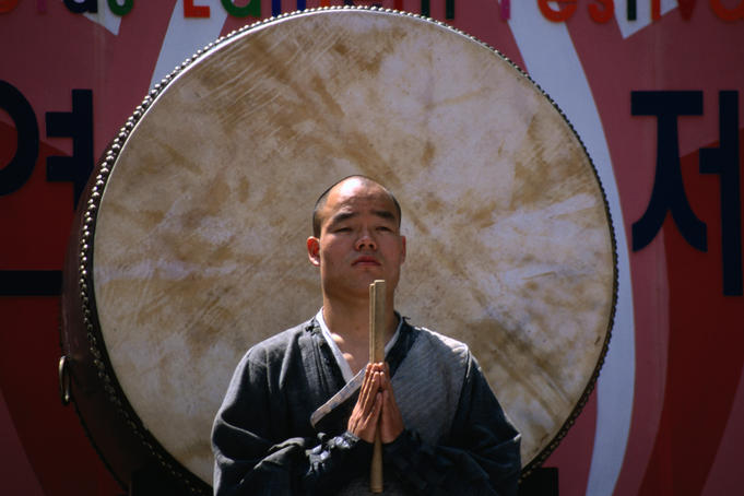 Buddhist drummer at performance to celebrate Buddha's birthday.