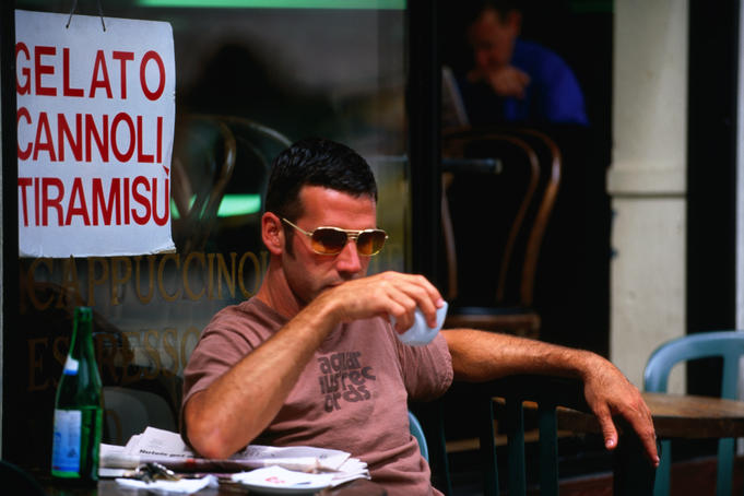 Drinking coffee at Cafe Trieste, North Beach.