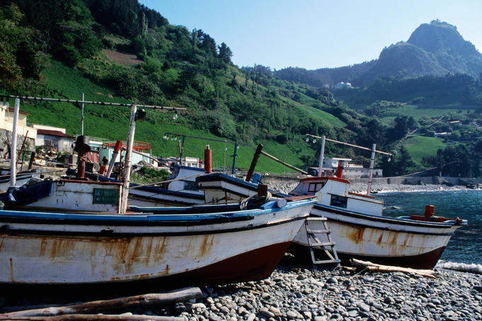 Beached fishing boats.