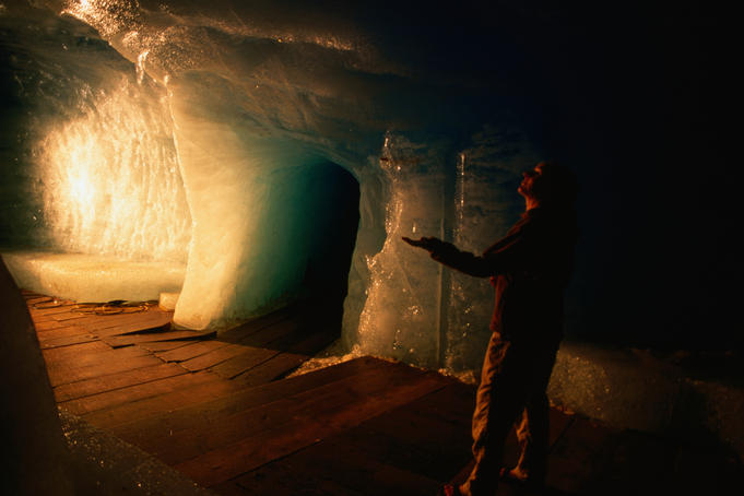 Inside ice cave of Rhone Glacier.