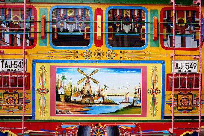 Chiva, traditional Colombian bus, with ladders up the side