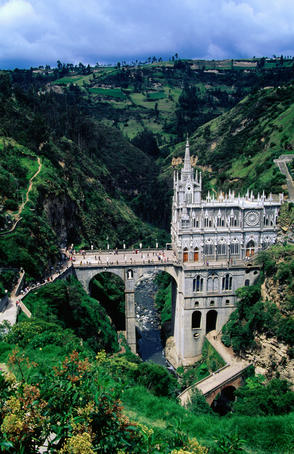 Santuario de Nuestra Senora de las Lajas, church built on bridge over gorge of the Guaitara River.