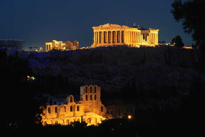 The Parthenon and Acropolis from Filopappou Hill in the evening.