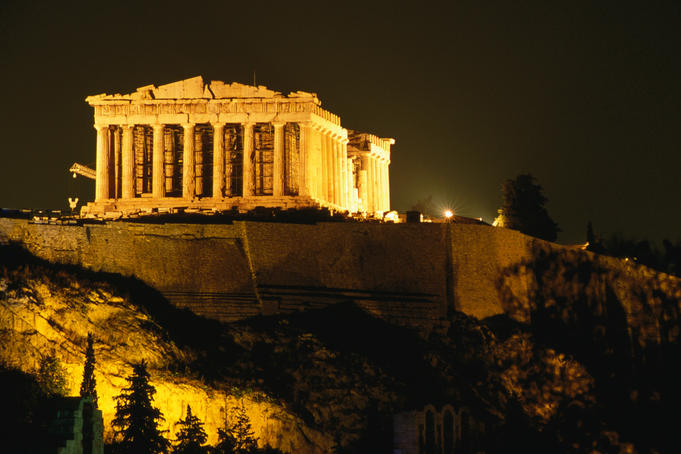 Acropolis at night seen from Filopappou hill.