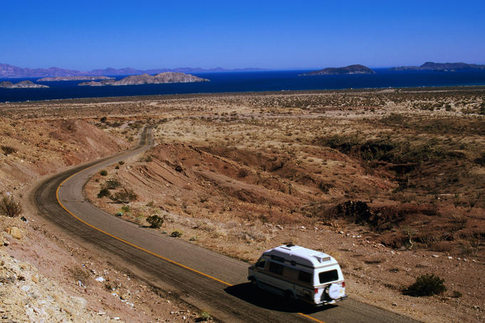 Campervan on highway, Bahia de los Angeles