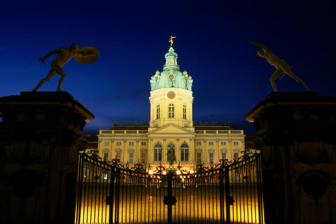 Nering-Eosander Building, Schloss Charlottenburg, lit up at night.