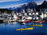 Fishing boat, yacht harbour with kayaks.