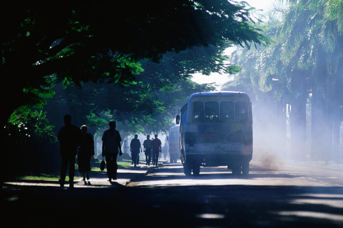 Buses and pedestrians.