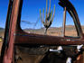 Cactus seen through window of wrecked car, Transpeninsular Highway (Hwy 1).