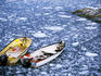 Overhead of dinghies moored in harbour ice.