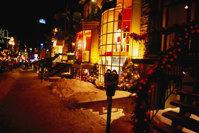 Downtown shops at night.