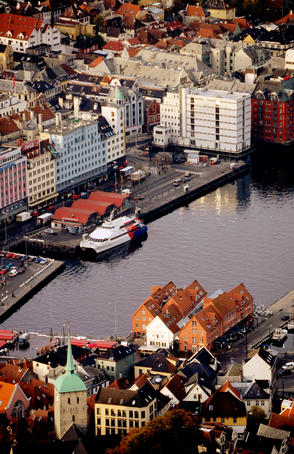Overhead of city harbour from Mount Floyen.