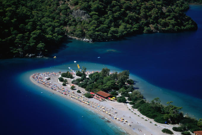 Aerial of Oludeniz from paraglider.