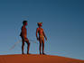 Kalahari Bushmen (San) standing on sand hill.