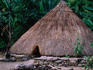 Thatched roof hut in mountain village.