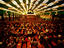 Overhead of Oktoberfest beer-drinking session in tent at Theresienwiese fairgrounds.