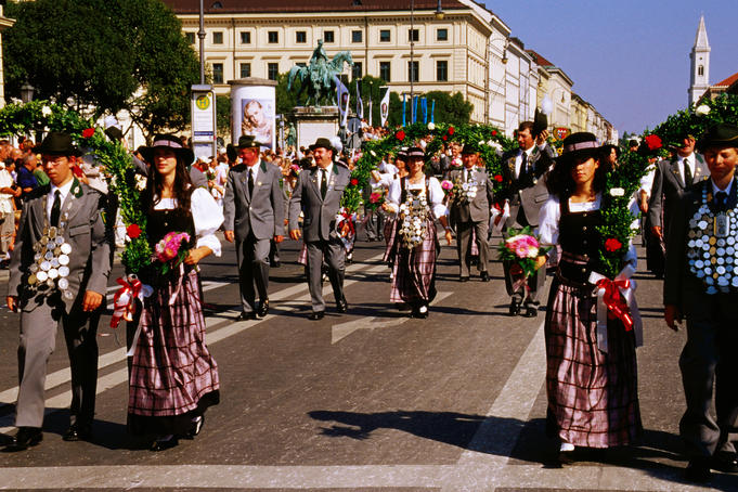 Participants in traditional costume during Oktoberfest brewer's parade.