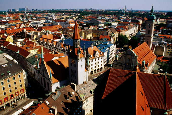 Overhead of historic town quarter from tower of St Peter's Church, Marienplatz.