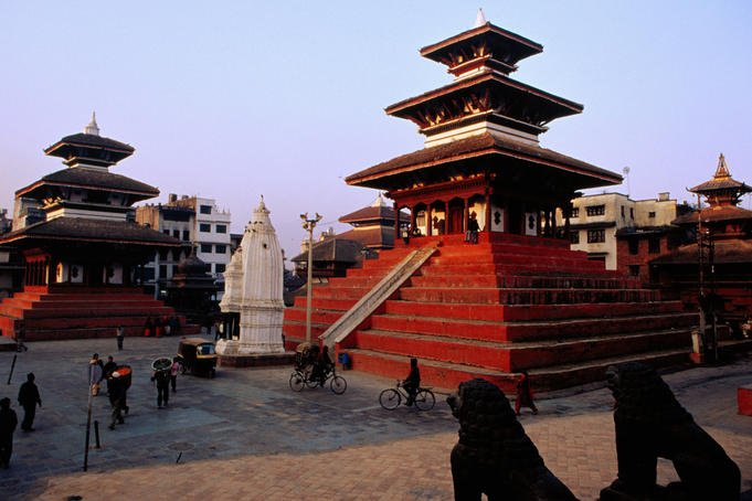 Maju Deval Temple (right), Shikara-style stupa (centre) and Trailokya Mohn Narayan Temple (left) in Durbar Square.