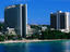 Resort hotels along the bay.