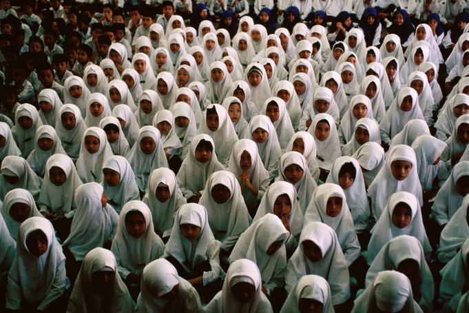 Overhead view of female pupils at Islamic school on outskirts of Kuching.