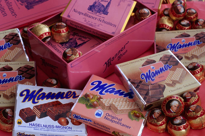 Variety of Manner Schnitten chocolate wafers and Mozart balls.