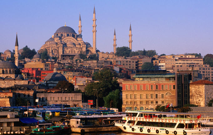 Suleymaniye Camii mosque on hill above city.