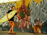 Boy with surfboard riding skateboard while being towed by dog.