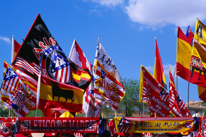Souvenir flags of football club Atletico de Madrid at Estadio Vicente Calderon