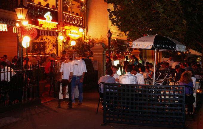 Lygon Street Italian restaurants at night.