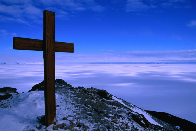 Vince's Cross and Antarctic view from Observation Hill, McMurdo Station.