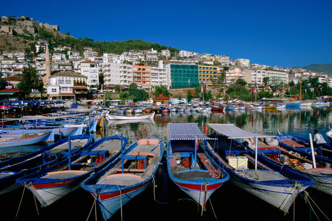 Marina boats and town buildings.