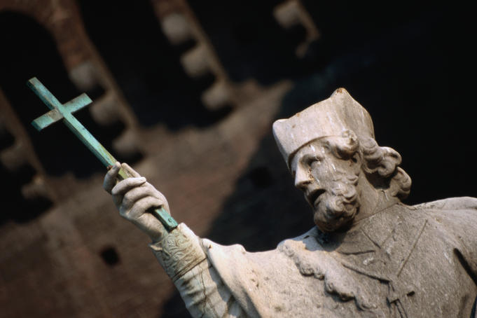 Statue of St Giovanni Nepocedemo in courtyard of Castello Sforzesco.