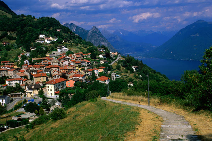 Overhead of Bre village and Lago di Lugano.